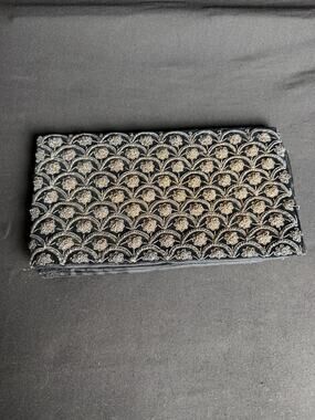 Vintage Zardozi Gold Silver Embroidered Black Velvet Envelope Clutch